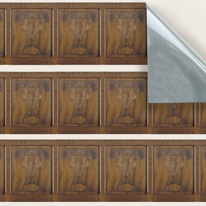 DOLLS HOUSE WALLPAPER Self Adhesive, Repositionable, 1/24th Scale Vinyl Sheet, No. 155 Wainscot Dark Wood Carved, Set of 4 sheets
