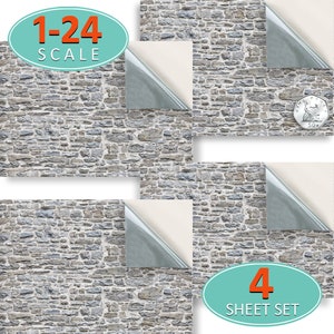 PUPPENHAUS TAPETE Selbstklebend, neu positionierbar, 1:24 Vinyl Blatt, Nr. 204 Old Greystone Wall, Set von 4 Blättern