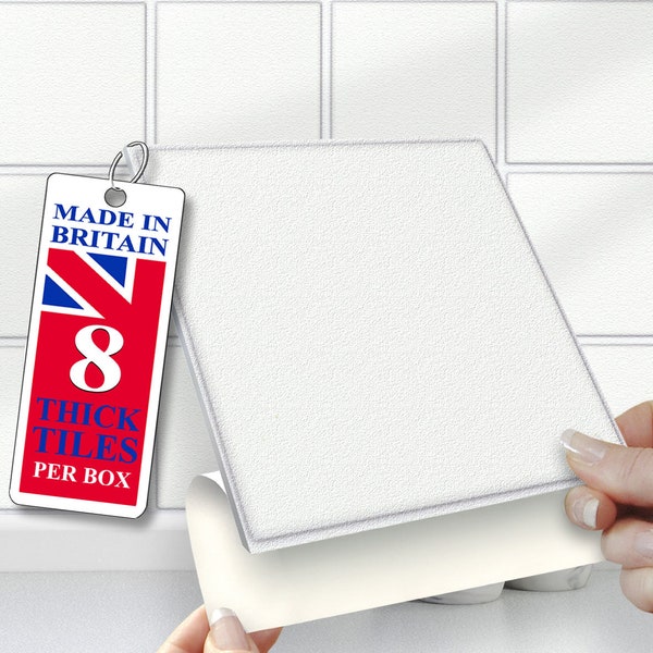 6"x6" Wall Tile Stickers, Self Adhesive, SOLID / THICK, Stick On Tiles. Pack of 8 White Tiles. Over tiles or onto the wall