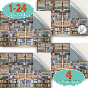PUPPENHAUS TAPETE selbstklebend, neu positionierbar, 1:24 Vinyl Blatt, Nr. 40 Bücher in Bibliotheksregalen, Set von 4 Blatt