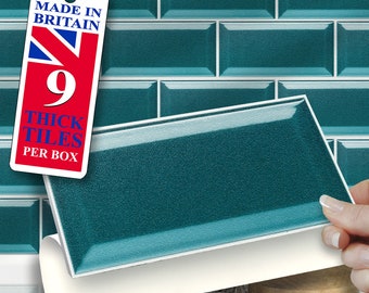 8"x4" Wall Tile Stickers, Self Adhesive, SOLID / THICK, Stick On Tiles. Pack of 9 Teal Tiles. Over tiles or onto the wall