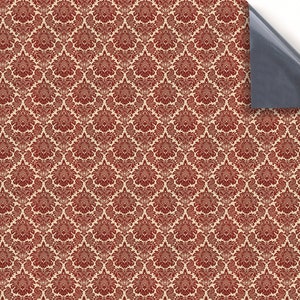 Può includere: Tessuto damascato rosso e crema con un leggero luccichio. Il tessuto presenta un motivo floreale stilizzato ripetuto.