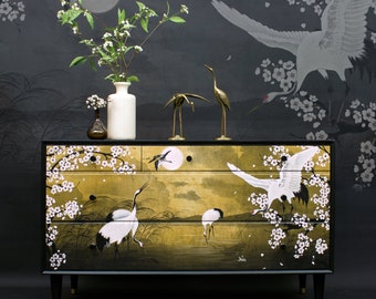 SOLD** Mid Century Chest of Drawers Decoupaged with Gold Crane Design