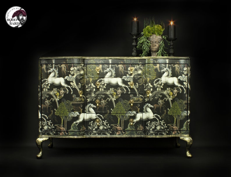 SOLD - Vintage Sideboard Decoupaged In Mythical Horse Design **SOLD** image 3