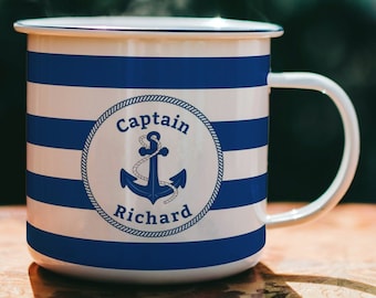Personalised Nautical Enamel Mug, Anchor & Stripes, Sailing Gift