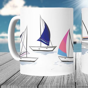 Sailing boat mugs, ocean theme mugs, nautical mugs,nautical art seaside gifts, seaside mugs, beach house mug