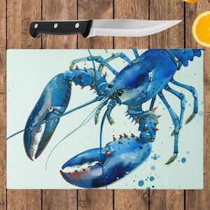 Blue Lobster Tempered Glass Cutting Board, Glass Placemats, lobster, Work Top Saver charcuterie board, hot pot stand, textured glass.