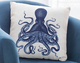 Beach Seaside,Nautical Theme Cushion Cover - Blue Octopus - Holiday Home,Beach House Coastal Home Decor - Home Decor 40cm