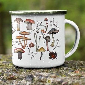 Mushroom Enamel Camping Mug, Retro Woodland Design
