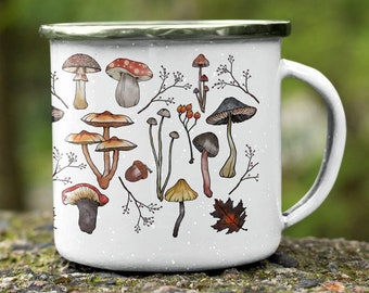 Mushroom Enamel Camping Mug, Retro Woodland Design