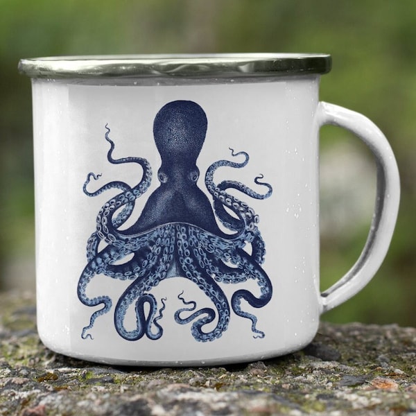 Octopus Design Enamel Mugs ,enamel mug ,winter mugs, summer mug,coastal life camping mugs, beach house coffee mugs, home ware gifts