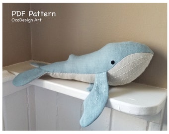 Blue Whale sewing pattern & tutorial,PDF download, DIY soft toy. 2 sizes, Easy sewing whale tutorial, Sewing whale toy