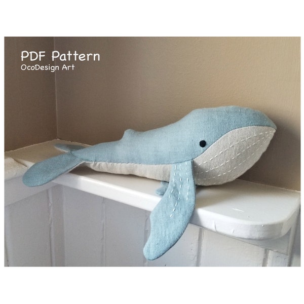 Patron et tutoriel de couture Baleine bleue, téléchargement PDF, peluche DIY. 2 tailles, Tutoriel de couture facile avec une baleine, Jouet baleine à coudre