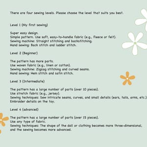 May include: A light green informational graphic with text detailing four sewing levels, from beginner to advanced. The text describes fabric types, sewing machine techniques, and hand sewing methods. Decorative floral elements are scattered around the text.