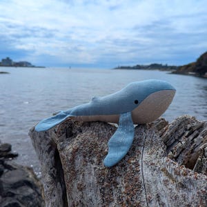 May include: A plush whale toy in shades of blue and tan rests on a weathered wooden surface near the ocean. The whale has a rounded body, flippers, and a tail. The background features a body of water and a cloudy sky.