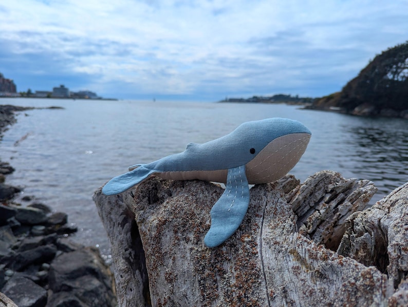May include: A plush whale toy in shades of blue and tan rests on a weathered wooden surface near the ocean. The whale has a rounded body, flippers, and a tail. The background features a body of water and a cloudy sky.