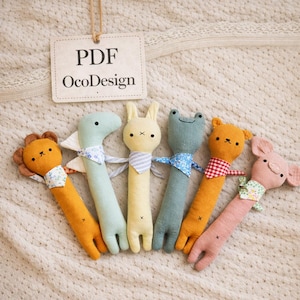 Baby Plush Rattle Sewing Pattern, Bunny, Bear, Piggy, Frog, Lion, Dino (PDF Download)