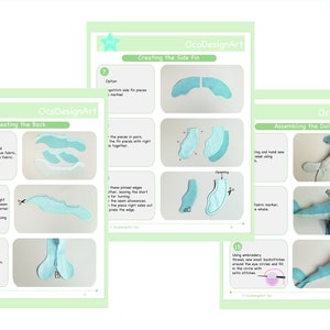 May include: Three-page tutorial with instructions for creating a felt doll. The pages are light green with illustrations and text. The text includes "OcoDesignArt" and instructions for creating the back, side fin, and assembling the doll.