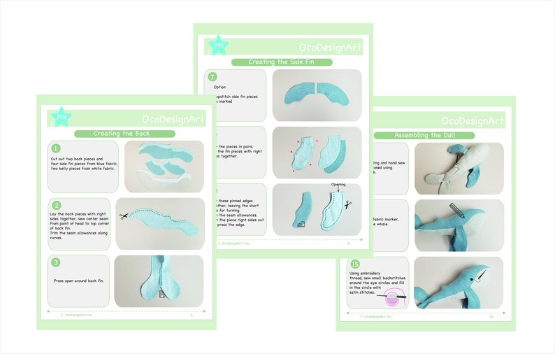 May include: Three-page tutorial with instructions for creating a felt doll. The pages are light green with illustrations and text. The text includes "OcoDesignArt" and instructions for creating the back, side fin, and assembling the doll.