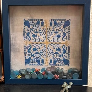Op de afbeelding: Een ingelijst kruissteekontwerp met een nautisch thema in blauw en goud. Het ontwerp bevat zeepaardjes, ankers, vissen en andere nautische symbolen. De lijst is donkerblauw en het ontwerp is omringd door kleine blauwe glazen stenen.