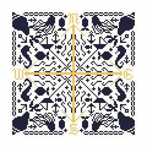 Op de afbeelding: Een zwart-witte cross-stitch patroon met een nautisch thema, met een kompasroos in het midden en verschillende zeedieren en nautische symbolen eromheen.