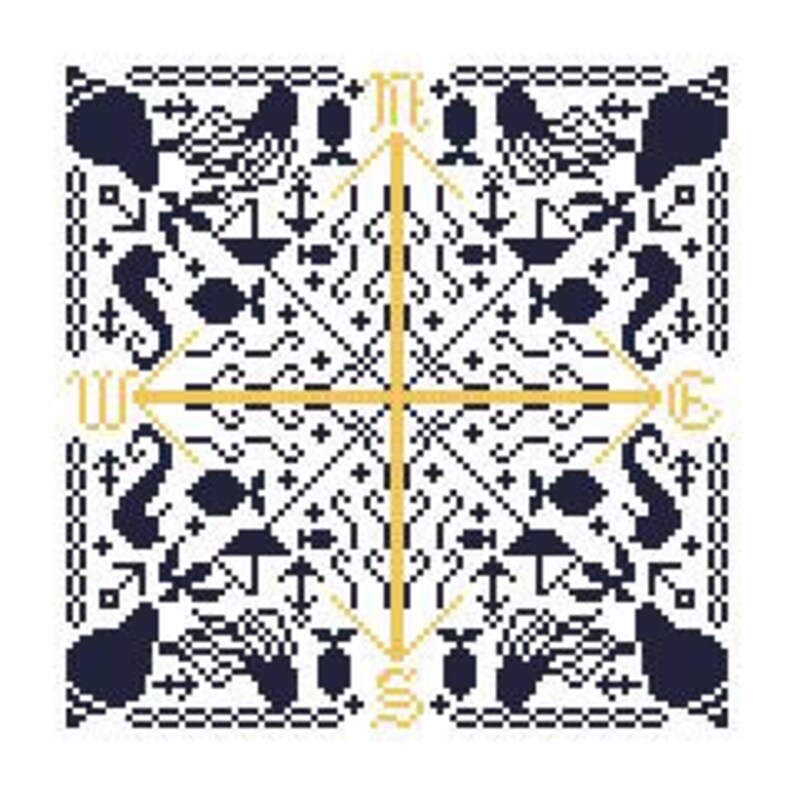 Op de afbeelding: Een zwart-witte cross-stitch patroon met een nautisch thema, met een kompasroos in het midden en verschillende zeedieren en nautische symbolen eromheen.