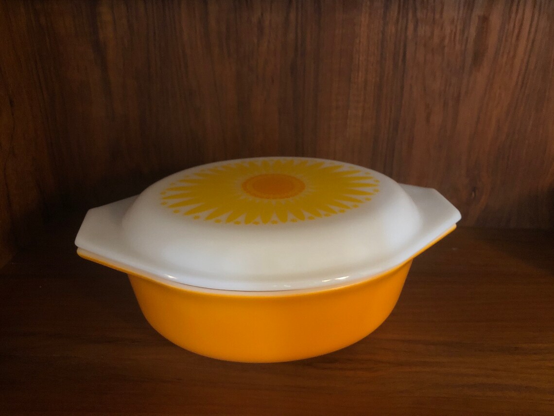Pyrex Orange oval Casserole Dish with Daisy or sunflower Etsy