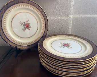 Aynsley, pratos de jantar, azul cobalto com detalhes em ouro, 12 pratos