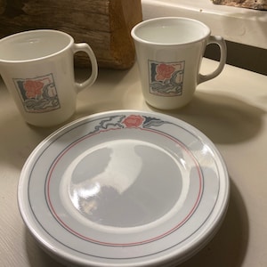 Könnte beinhalten: Zwei weiße Keramikbecher mit Blumenmuster und eine graue und weiße Untertasse.