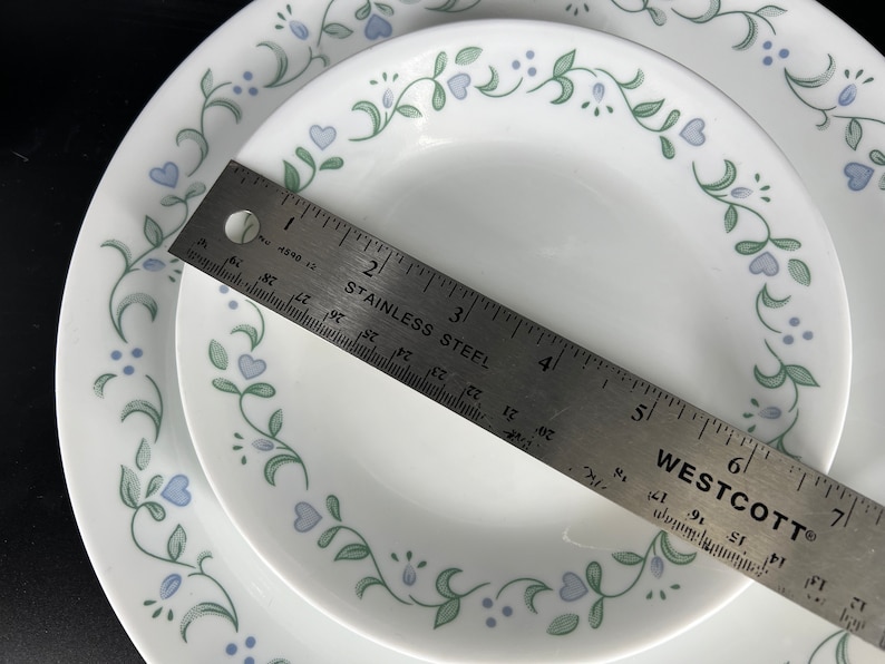Może przedstawiać: Zestaw dw&oacute;ch białych ceramicznych talerzy z zielonym i niebieskim wzorem kwiatowym. Mniejszy talerz to miska o średnicy 15 cm. Większy talerz ma średnicę 20 cm.