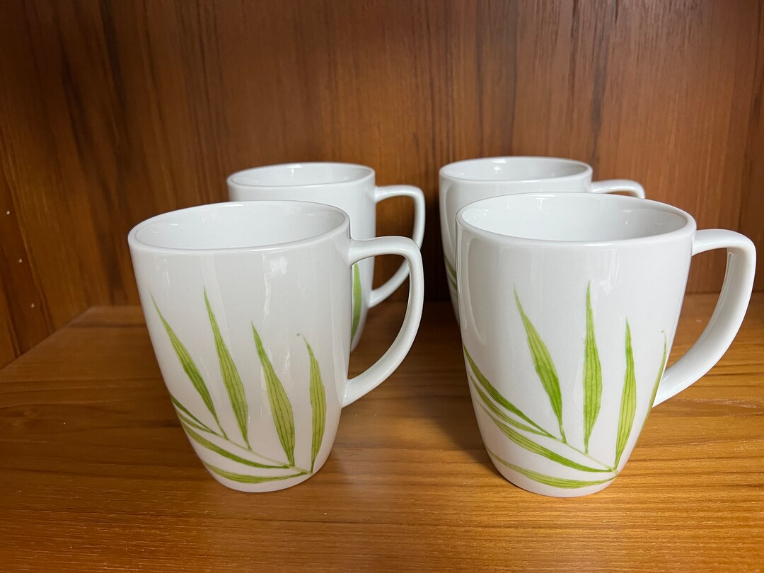 Corelle Coordinates, Mugs, Bamboo Leaf Pattern, Porcelain, Square Rim