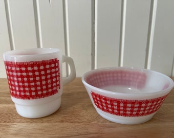 Fire King, Red and White, Plaid, Gingham, Mug & Bowl