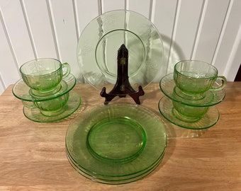 A Set of 2 Hazel Atlas Uranium Green Depression Glass Ribbed Cup