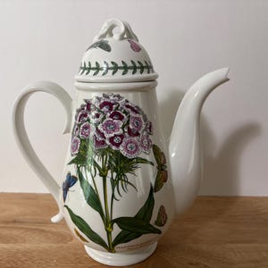 Può includere: Teiera in ceramica bianca con coperchio, con un design floreale con fiori rosa e viola, foglie verdi e farfalle. La teiera ha un manico curvo e un lungo beccuccio. Il design include il testo "Dianthus".