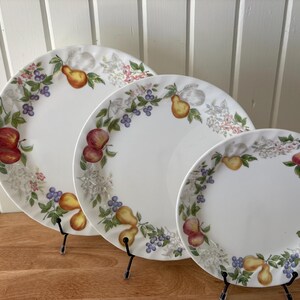 Peut inclure: Trois assiettes en céramique blanche avec un motif de fruits et de fleurs. Les assiettes présentent une bordure de pommes rouges, de poires jaunes, de baies violettes et de fleurs roses. Les assiettes sont présentées sur des supports en métal noir.