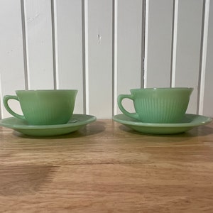 Fire King Jadite Jane Ray, Teacups and saucers, pair