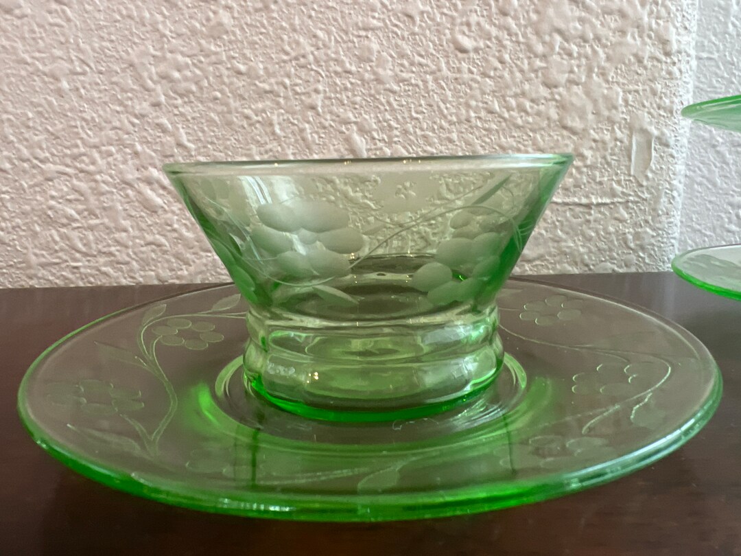 Green Etched Glass, Dessert Cups and Saucers Etsy