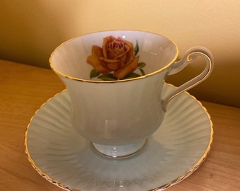 Paragon, Teacup and Saucer,  Fine Bone China England Apricot Rose, pale green, Footed F54N