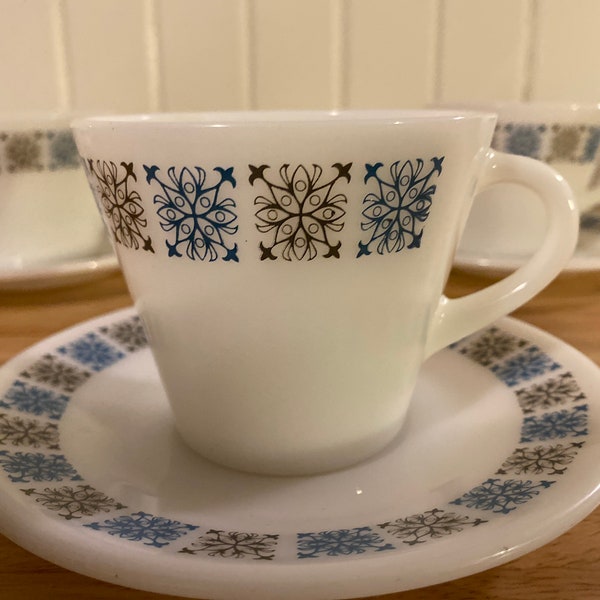 Pyrex, England, JAJ, Chelsea pattern, tea cups and saucers, set of 5