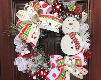 Snowman Christmas Wreath Holiday Winter Snowmen Decor Decoration Gifts Front Door