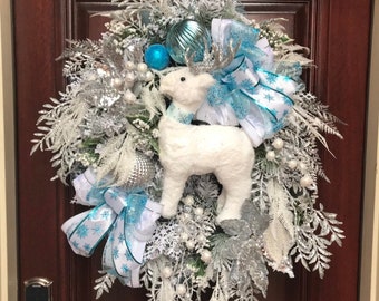 Christmas Wreath Silver and Teal Reindeer Wreath Christmas Holiday Winter Decoration Decor Gifts Ornaments Front Door