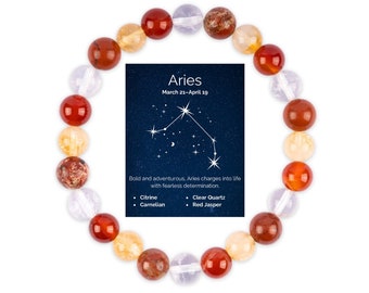 Pulsera de cristal del zodíaco Aries, pulsera de cuentas hecha a mano, regalo del zodíaco, pulsera de cumpleaños, pulsera elástica, pulsera curativa, regalo de cumpleaños