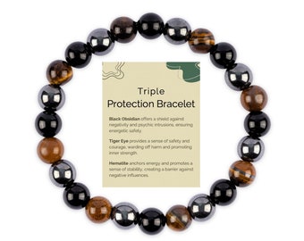 Triple Protection Manifestation Crystal Bracelet, Healing Bracelet, Handmade Beaded Stretch Bracelet, Energy Bracelet, Spiritual Gift