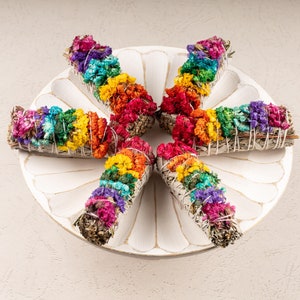 May include: Six rainbow colored smudge sticks on a white ceramic plate. The smudge sticks are made with dried flowers and herbs.