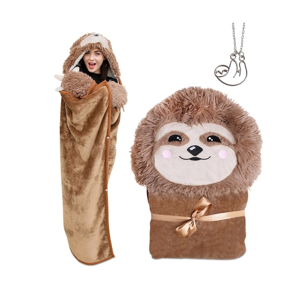 Sloth Wearable Hooded Blanket with Pendant Necklace - Cozy Oversized Blanket Hoodie with Claws Hand Gloves- Gift for Women, Adults and Kids