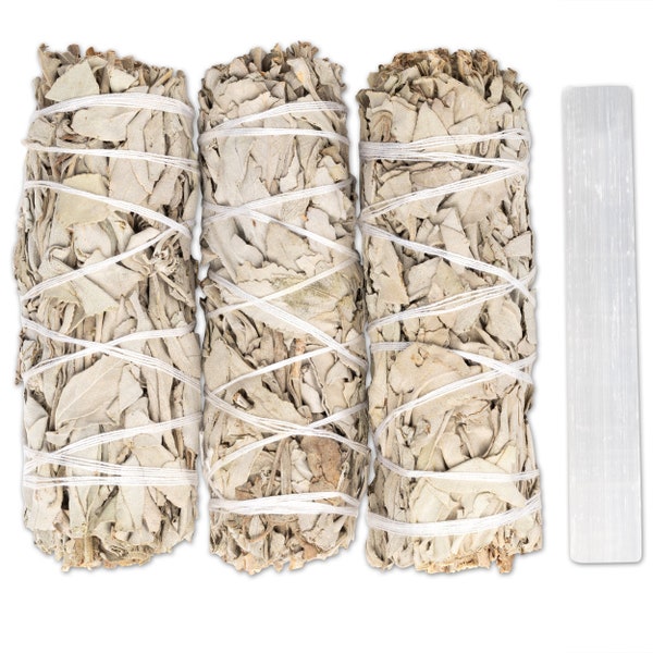 3 pc White Sage Smudge Sticks and 4" Selenite Stick Combo, Sage Bundle and Selenite Crystal for Smudging, Cleansing, Healing, Meditation