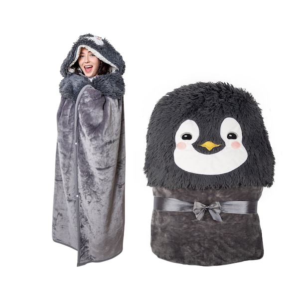 Penguin Wearable Hooded Blanket - Warm & Cozy Oversized Blanket Hoodie with Hand Gloves- Penguin Hoodie Blanket Gift for Women, Adults, Kids