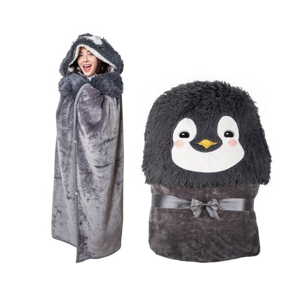 Snow Polka Dot Penguin Pattern Print Hooded Blanket main image 0