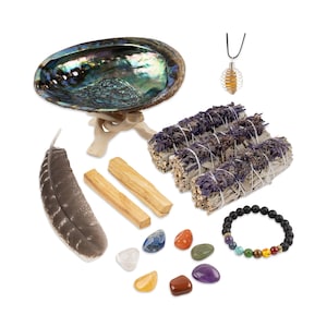 Sage Smudge Kit, Sage Smudge Cleansing Kit, Lavender Sage Sticks, Abalone Shell, Palo Santo, Chakra Stones, Chakra Crystal Bracelet, Feather