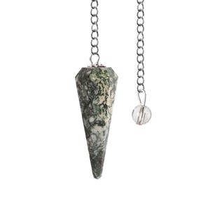 May include: A green and white agate pendulum with a silver chain and a clear crystal ball at the end of the chain.